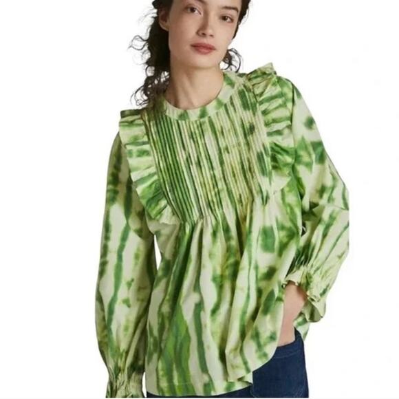 Anthropologie Samant Chauhan Emillia Green Tie Dye Ruffle Blouse Women’s size M - Picture 1 of 8
